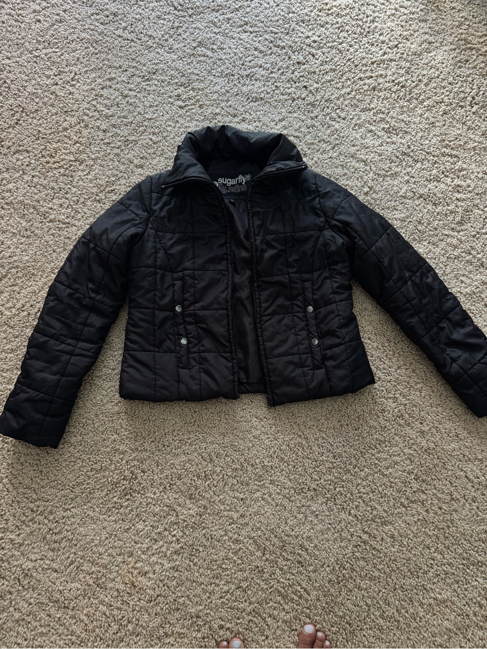 Sugarfly Black Quilted Jacket with Subtle Pink Trim